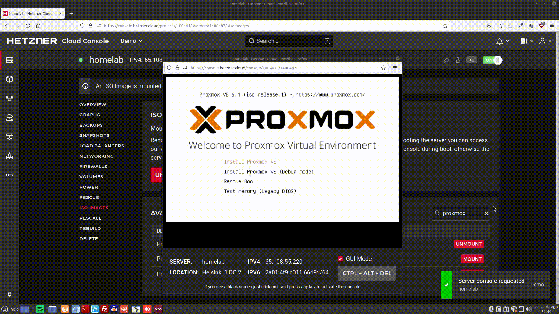 Gif sobre el proceso de instalación de Proxmox en Hetzner
